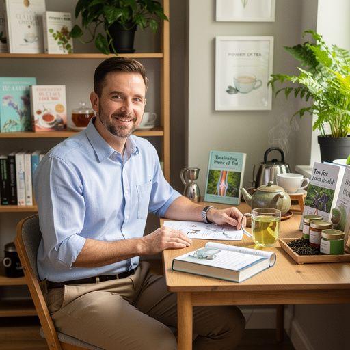 Egy boldog ember, aki a tea élvezetét osztja meg barátaival, közös pillanatokban.